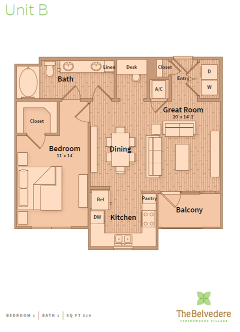 Floor plan for 1 bed, 1 bath, 819 sqft